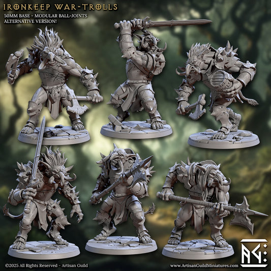 Group of Ironkeep War-Trolls miniatures showing heavily armored trolls wielding spiked weapons and shields – fantasy miniatures for D&D and Warhammer.