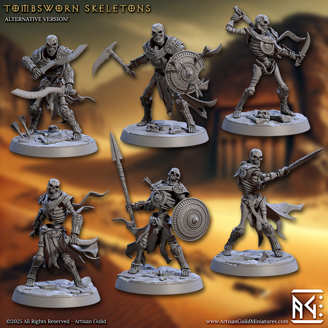 Alternate version of Tombsworn Skeletons showing bare skulls, various weapons including scimitars and bows, posed on textured round bases.