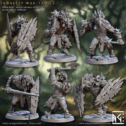 Group image of all Ironkeep War-Troll variants armed with maces, axes, swords, and shields – armored troll warriors for fantasy wargaming and RPGs.