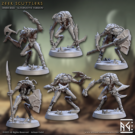 Group image of Zeek Scuttlers miniatures showing multiple alien insectoid poses with detailed bases and modular limbs – perfect for tabletop horde encounters.