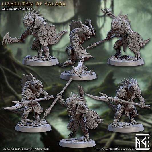 Alternate sculpts of six Lizardmen of Falgor, each with unique lizard heads, gear, and weapon variants.
