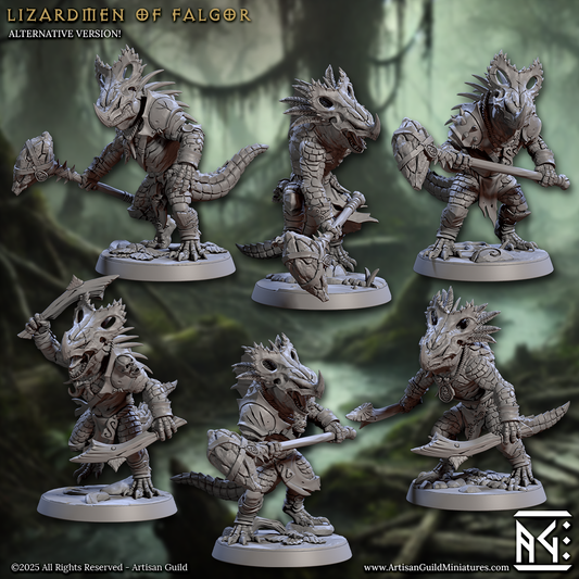 Group shot of six Lizardmen of Falgor in various action poses, armed with blades, spears, and shields.