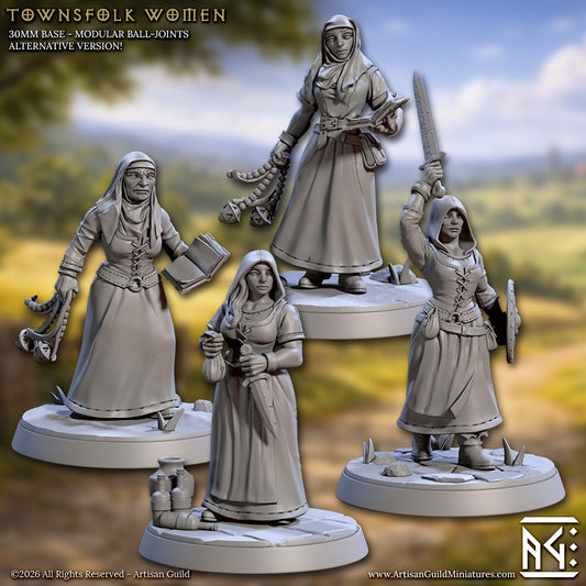 female townsfolk npc miniatures with improvised weapons and tools, village women defensive poses for gritty fantasy roleplaying scenarios