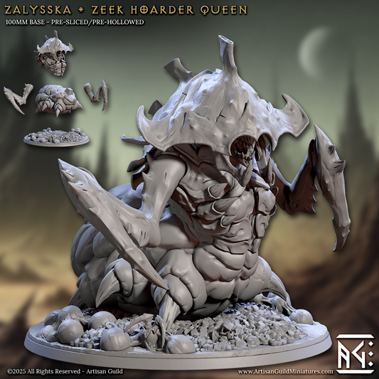 Zalysska Zeek Hoarder Queen miniature featuring a massive alien insectoid creature with armored shell, claws, and brood nest base – Artisan Guild monster figure.