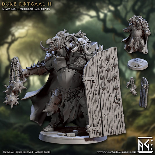 Duke Rotgaal II troll warlord miniature standing with spiked mace and large wooden shield, wearing heavy armor and cape – fantasy tabletop model for D&D and Warhammer.