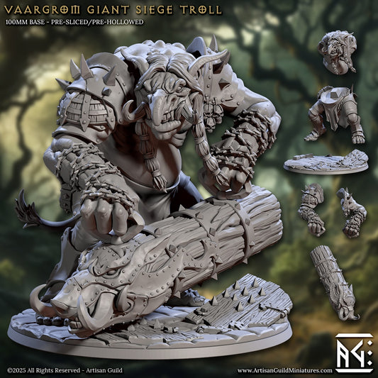 Vaargrom Giant Siege Troll miniature posed kneeling with spiked battering ram weapon and heavy armor – fantasy troll model for D&D and Warhammer.