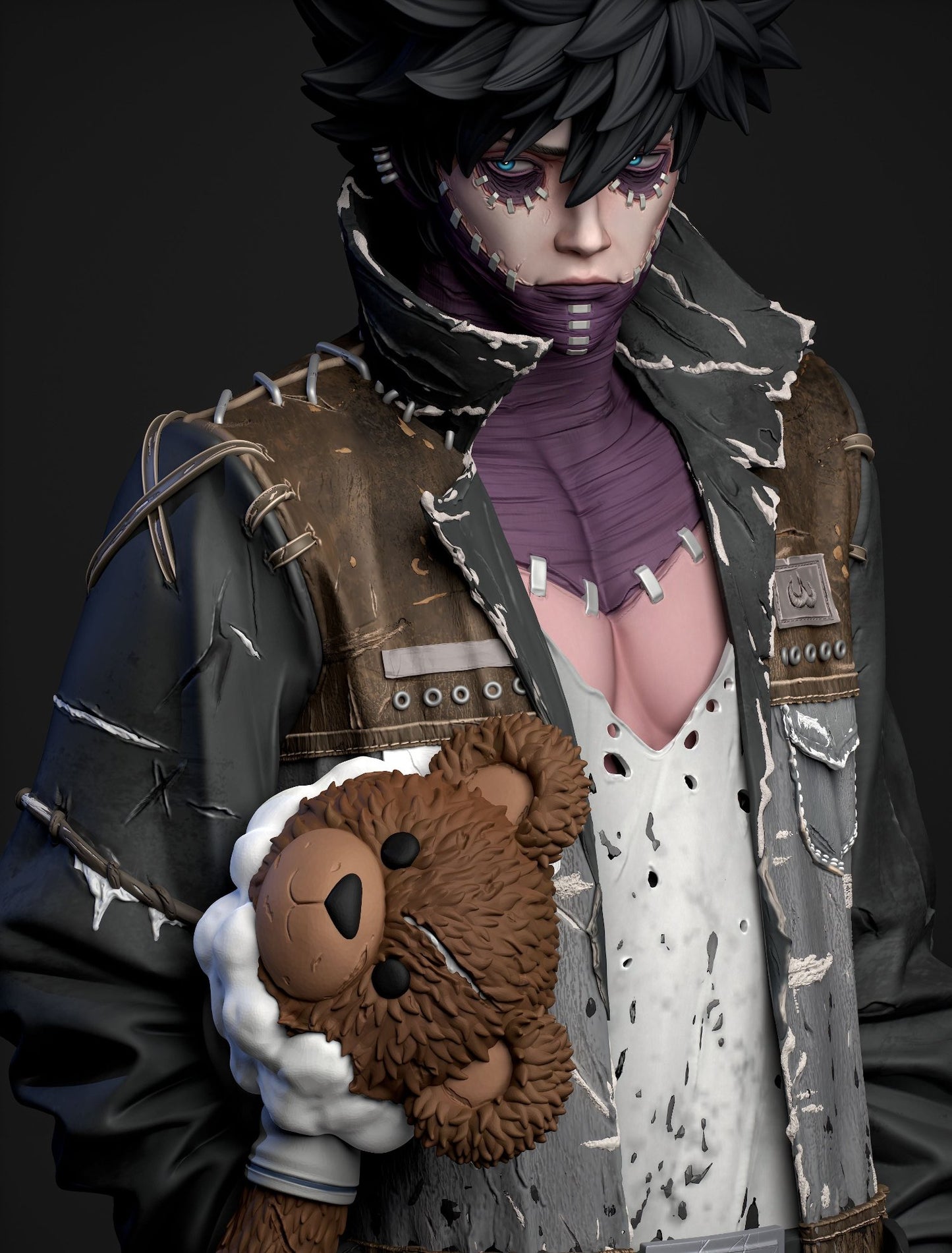 Close-up view of Dabi's face, showing his stitched scars, intense gaze, and holding a teddy bear, highlighting his layered and rugged jacket.