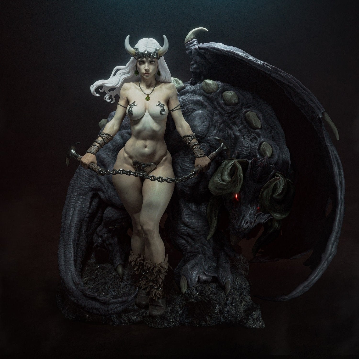 The same female character, depicted standing in front of a massive horned creature with glowing red eyes. The creature appears to be subservient to her. The woman retains her white hair, horns, and minimal armor, with added jewelry details like armbands, necklaces, and a chain belt.