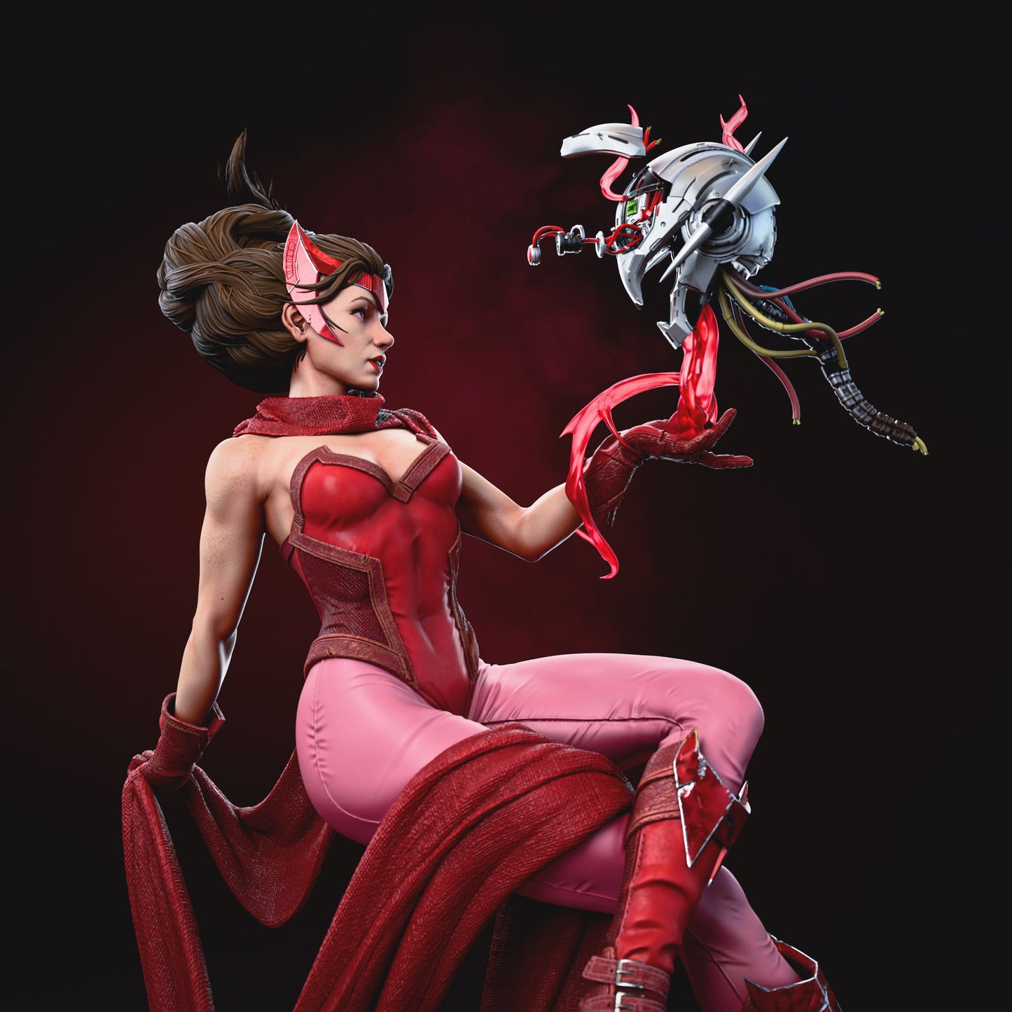 Side view of Scarlet Witch in her red and pink attire, summoning her power with Ultron’s head floating above her hand.