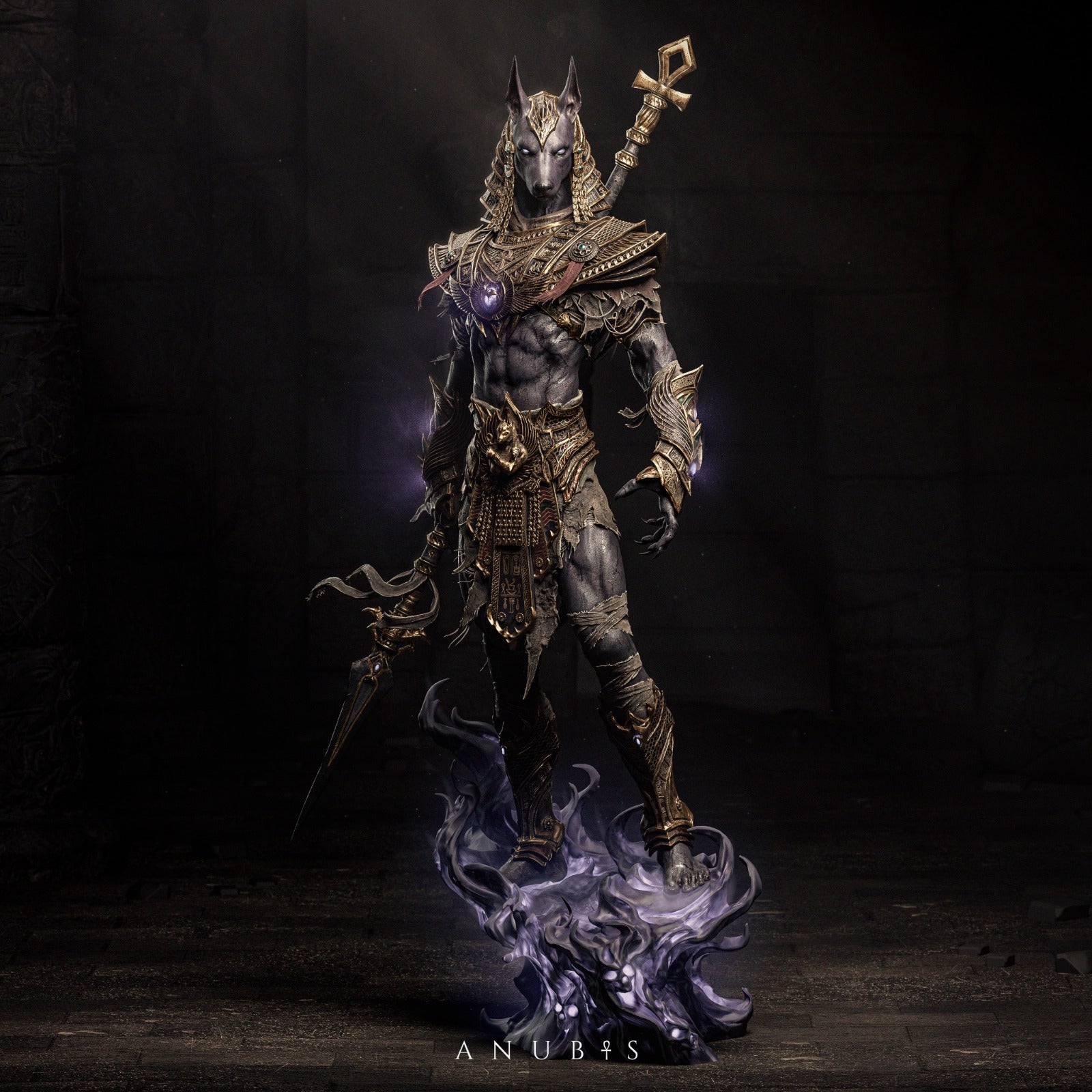 Full view of Anubis figurine standing in detailed armor, holding a staff, surrounded by dark energy effects.