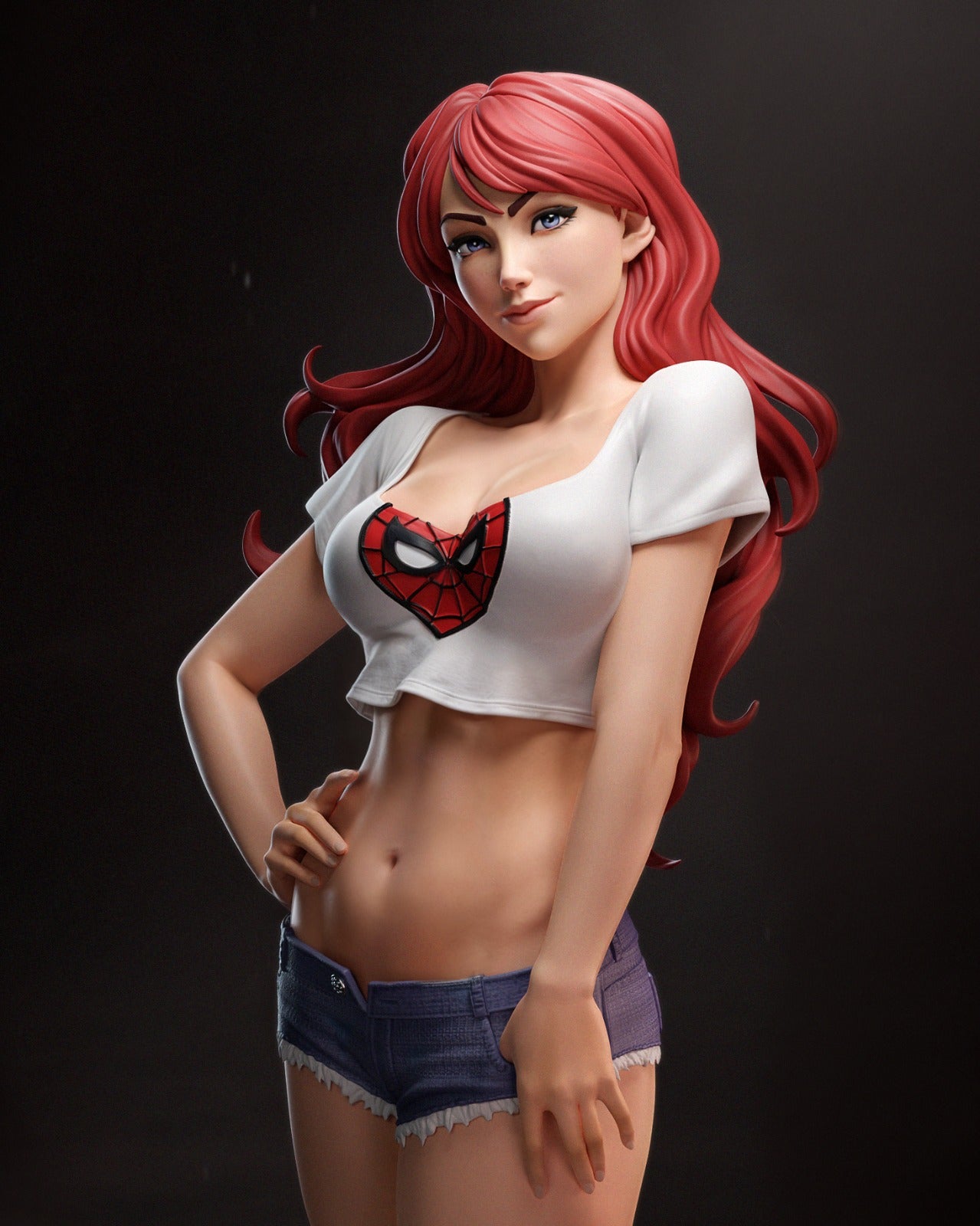 Close-up of Mary Jane figurine in a relaxed pose, showcasing her casual attire and Spider-Man-themed top.