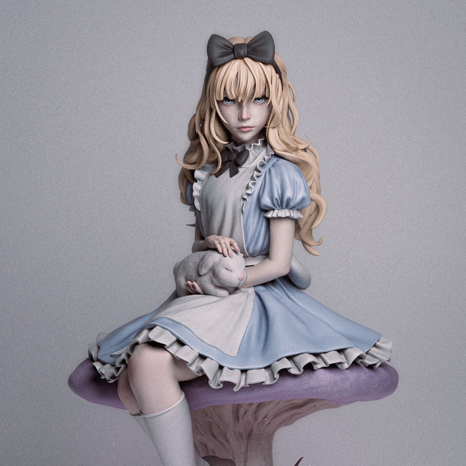 Alice sitting on a mushroom holding a rabbit, facing forward.