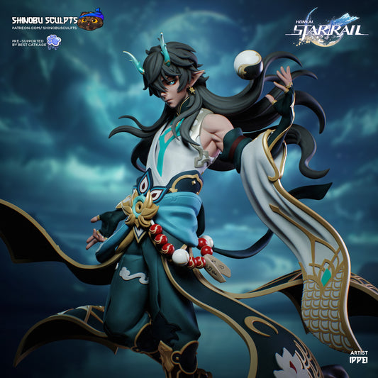 Painted render of Dan Heng Imbibitor Lunae from Honkai: Star Rail, in ornate robes with long hair, posed with one hand raised.