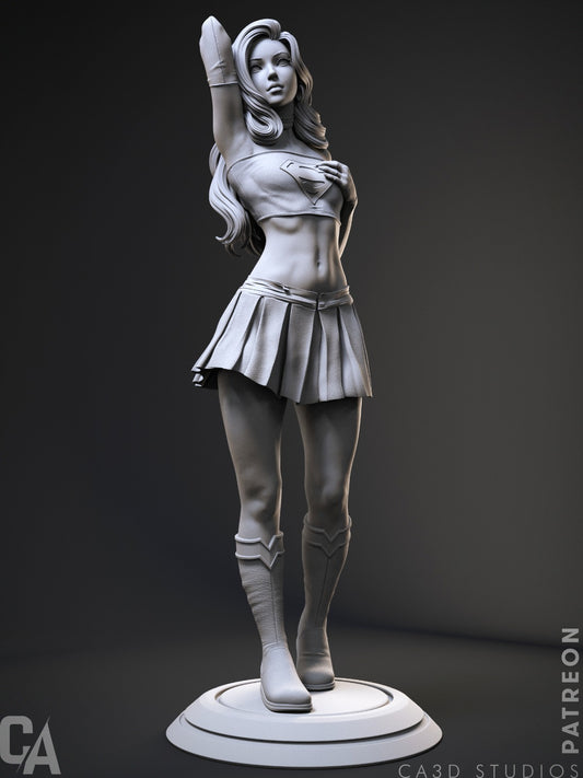 Supergirl 1:6 scale collectible figure front view with arm raised, wearing crop top with Superman emblem, pleated skirt, and boots on display base.