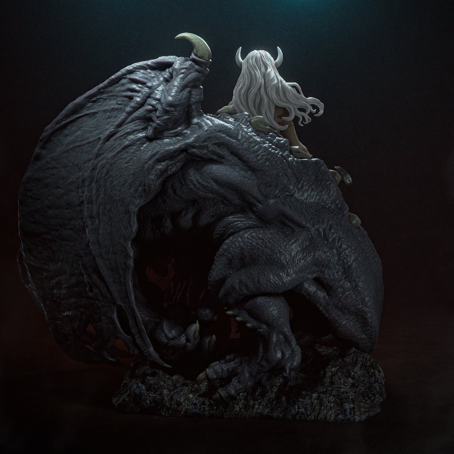 The backside of the same large beast, providing a full view of its detailed and textured scales, powerful limbs, and curved horns. The female character is positioned on top of the creature, her long hair flowing behind her.