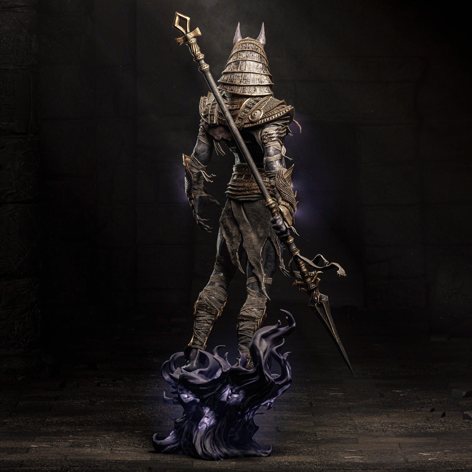 Back view of Anubis figurine holding a staff, showcasing detailed armor and Egyptian-inspired design.