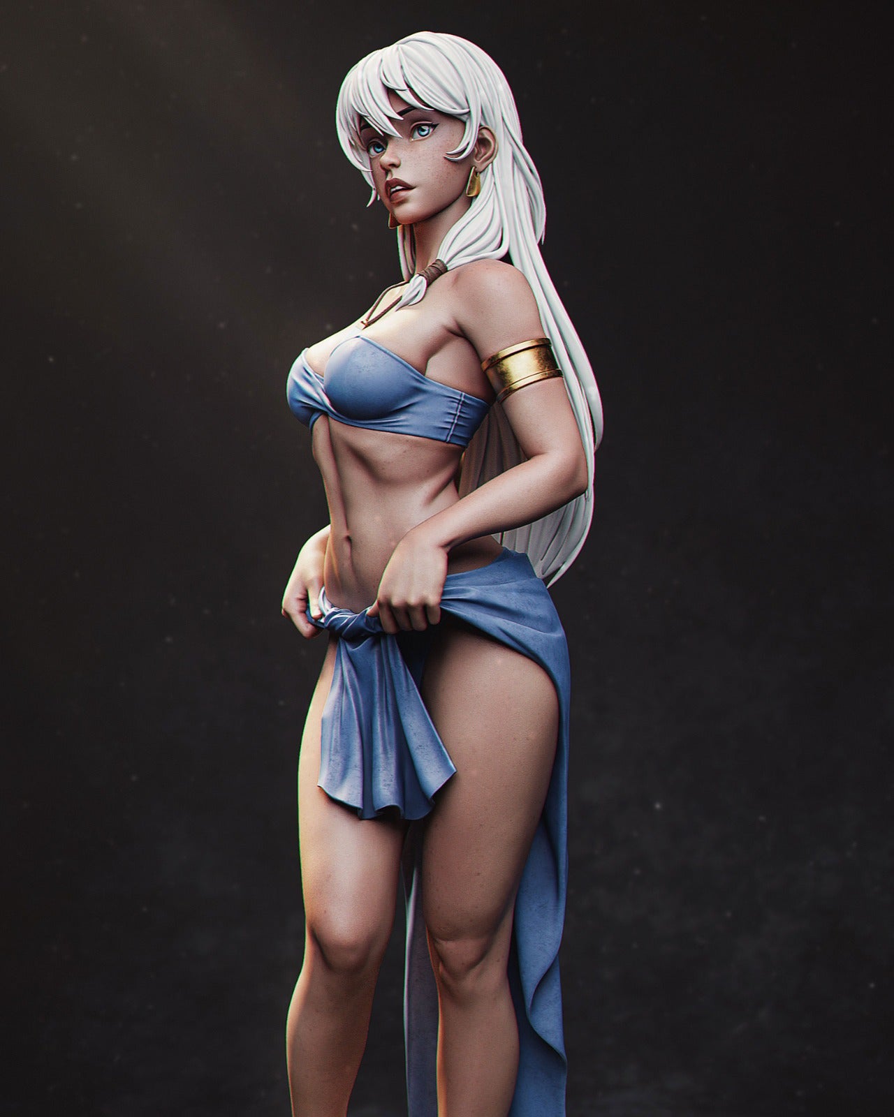 Kida's side view, highlighting her long white hair, toned physique, and the flowing details of her attire.