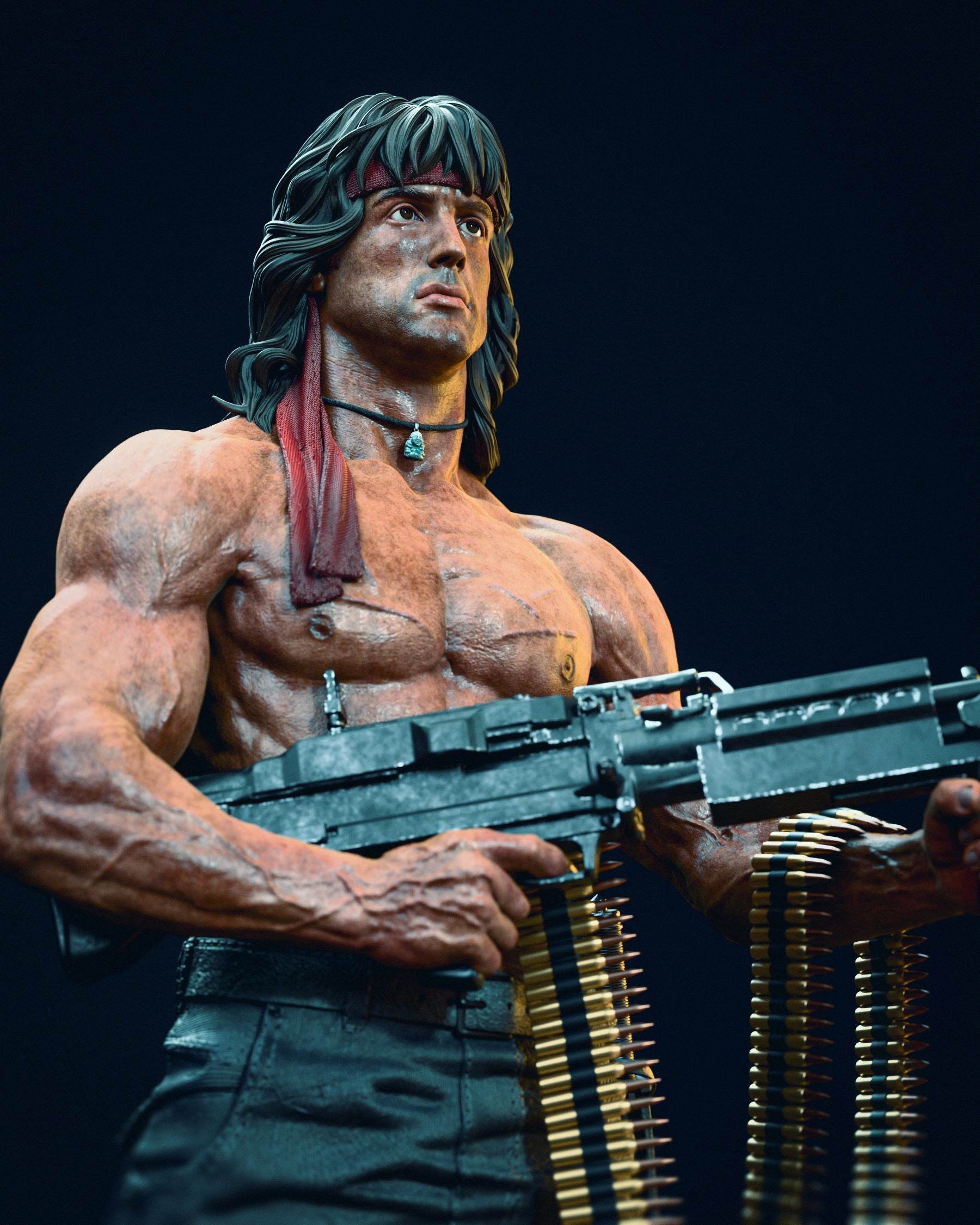 Close-up of a collectible figurine of Sylvester Stallone as Rambo, showcasing his intense gaze, muscular physique, and iconic red bandana while holding a machine gun with a belt of bullets.