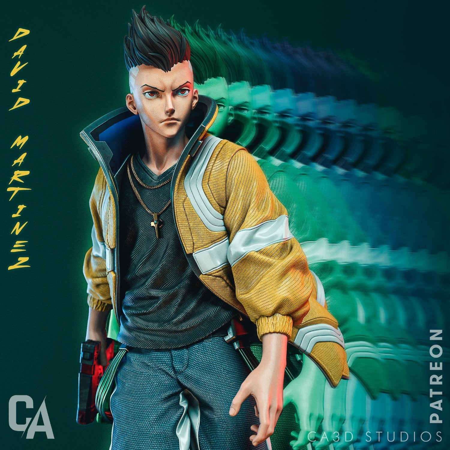 Close-up of David Martinez figurine, highlighting facial expression, yellow jacket, and detailed cyberpunk style.