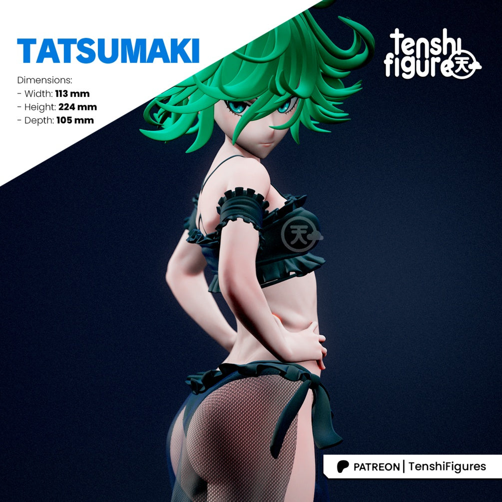 Tatsumaki One Punch Man figure close-up torso shot highlighting black frilled outfit and confident pose – 1:7 scale collectible statue.