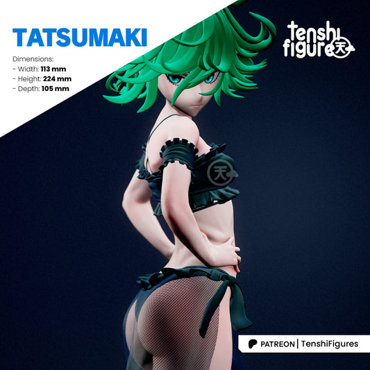Tatsumaki One Punch Man figure close-up torso shot highlighting black frilled outfit and confident pose – 1:7 scale collectible statue.