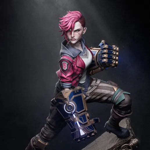 Front view of Vi from League of Legends in a dynamic battle pose, wielding her signature oversized gauntlets and standing atop a mechanical-themed base.