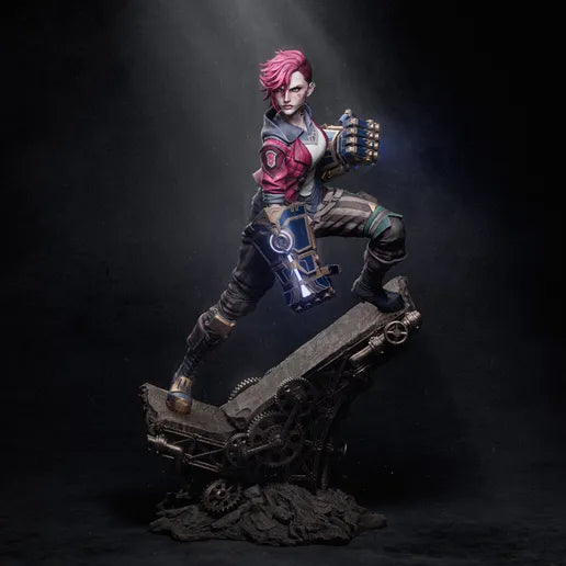 Full frontal shot of Vi in her combat stance, emphasizing her gauntlets and vibrant hairstyle, standing on a detailed mechanical base.