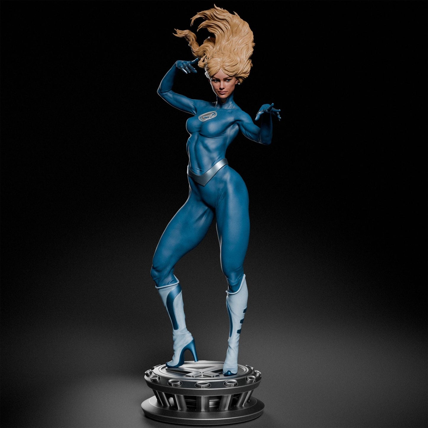 Full-body depiction of Invisible Woman, standing confidently as the resilient and elegant force of the Fantastic Four.