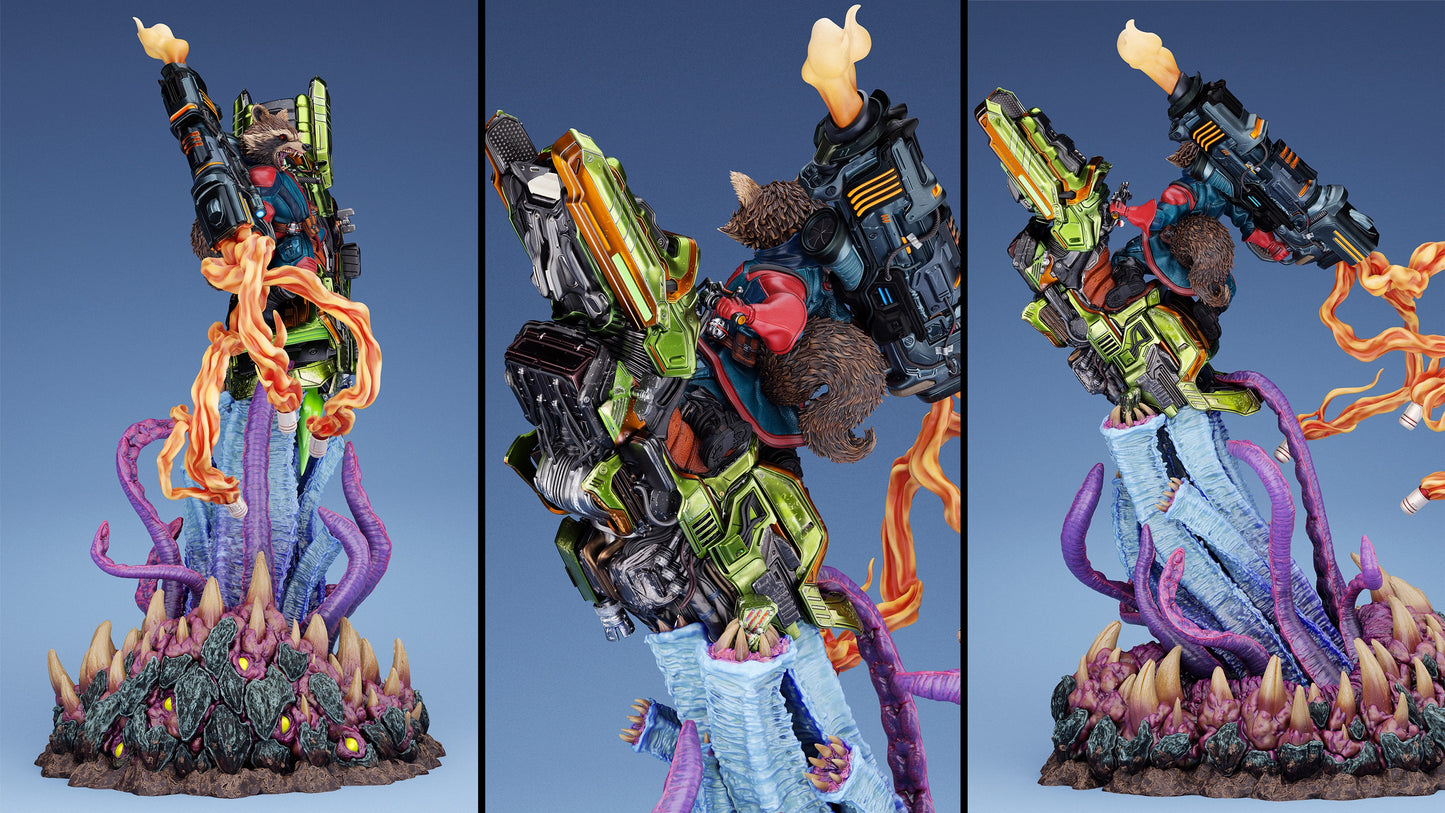 Side view of Rocket Raccoon Marvel collectible showing dual heavy weapons and dynamic action pose