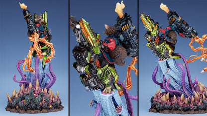 Side view of Rocket Raccoon Marvel collectible showing dual heavy weapons and dynamic action pose