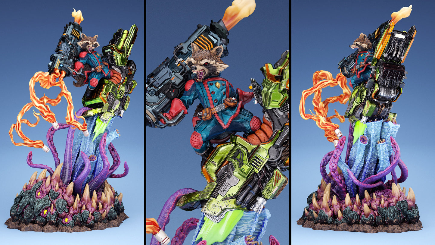 Front view of Rocket Raccoon Guardians of the Galaxy figure with mechanical armor and flame effects