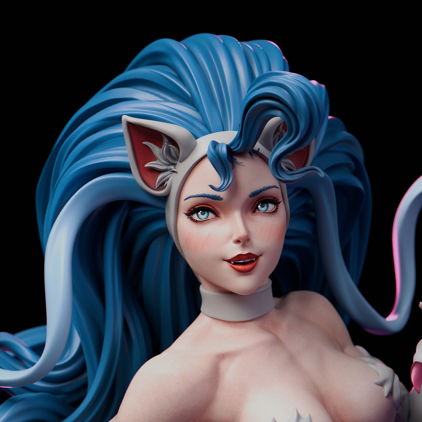 Felicia Darkstalkers collectible figure close-up portrait, female catwoman character with feline ears and long flowing hair
