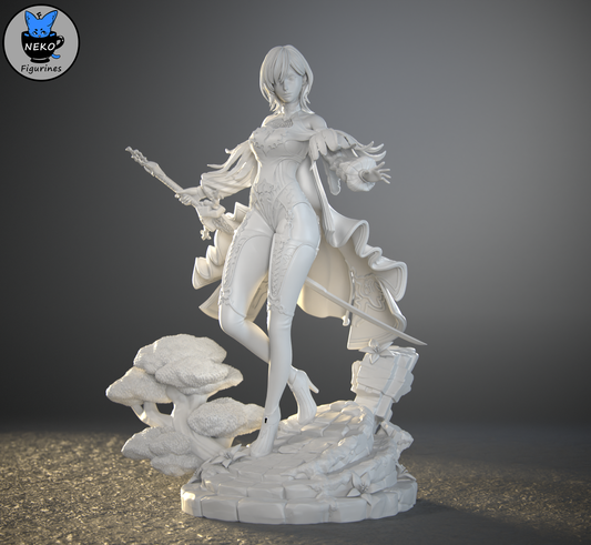 Gray render of YoRHa No.10 Type H figure standing with sword behind her on stone base