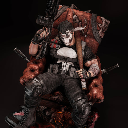 Punisher Marvel Comics 1:6 scale statue, full figure seated on battle-damaged armchair with rifles, grenades, and tactical gear.