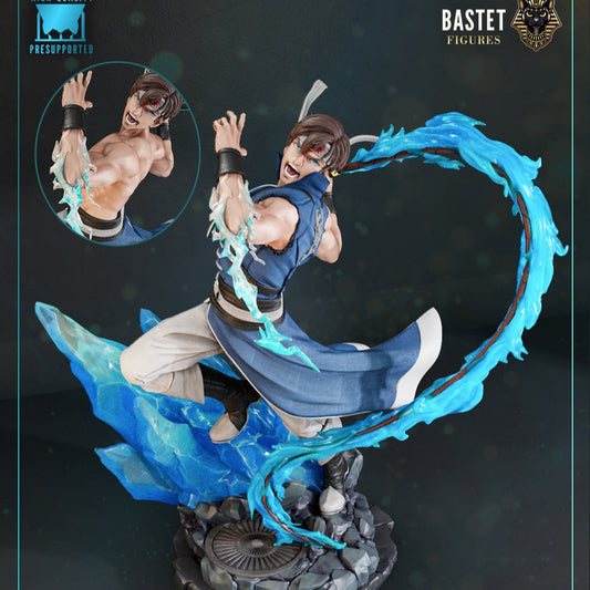 Painted Richter Belmont Castlevania figure dynamic pose with blue whip effect and rocky base.
