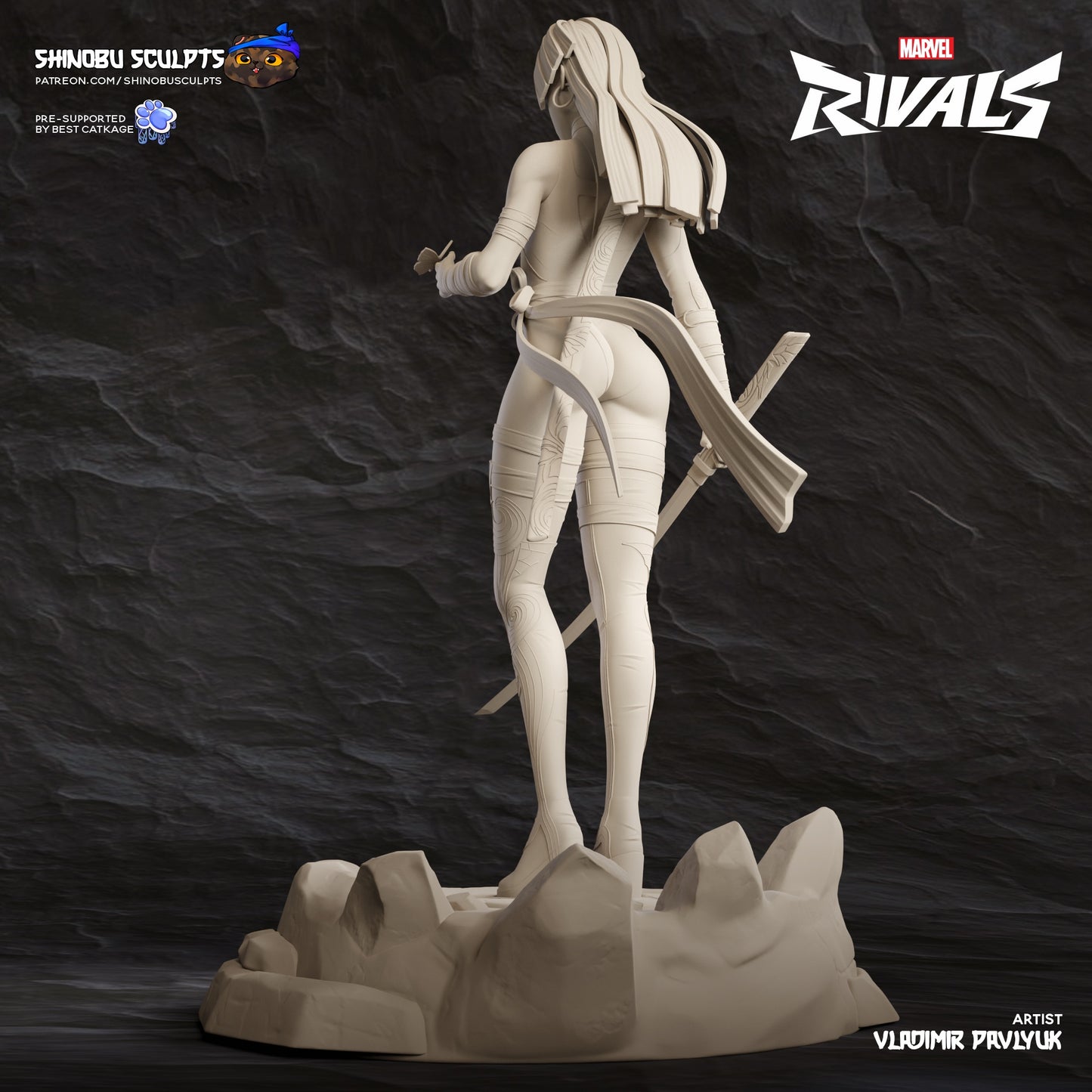 Psylocke Marvel Rivals collectible statue unpainted rear angle showing long flowing hair, katana strapped behind, and detailed sash movement.