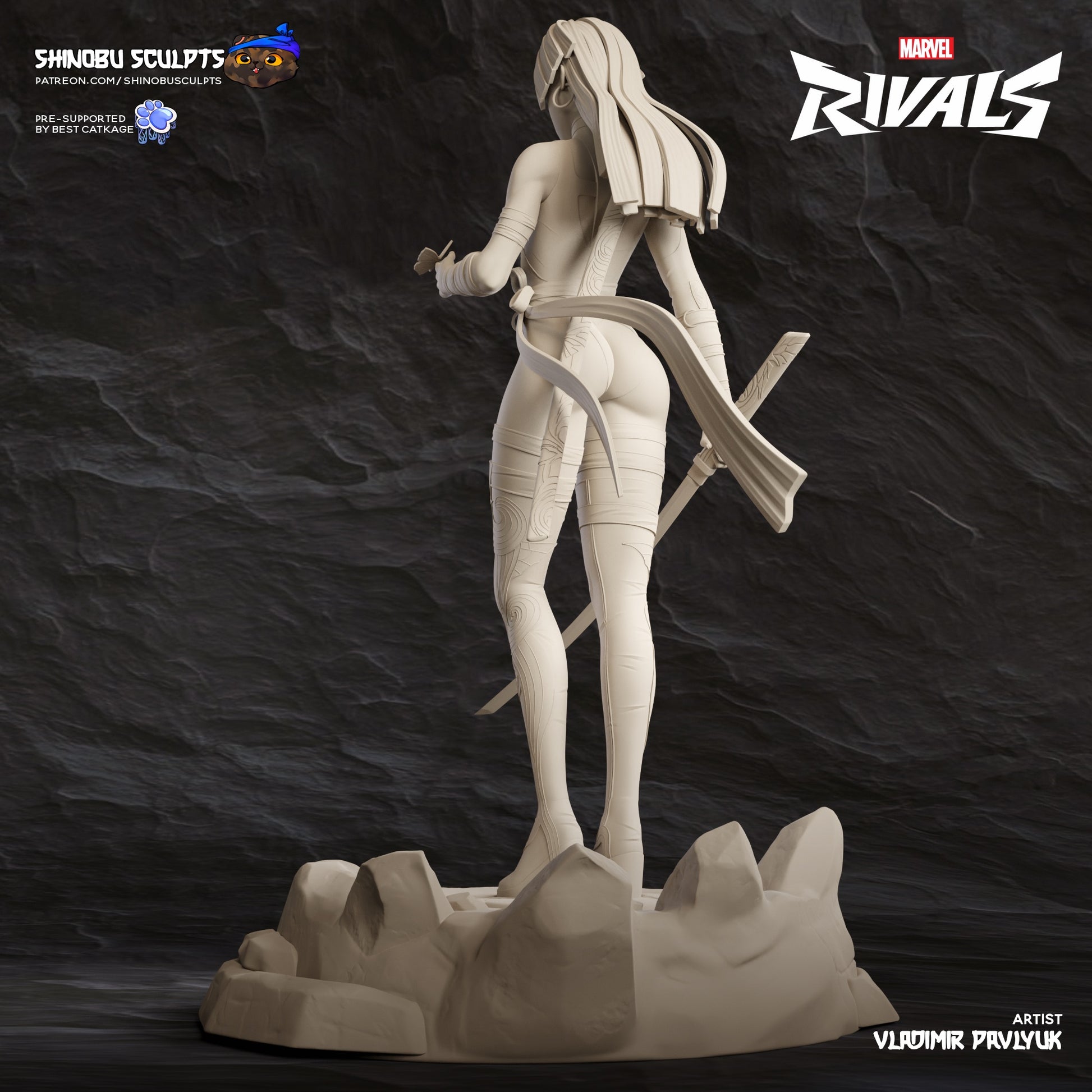 Psylocke Marvel Rivals collectible statue unpainted rear angle showing long flowing hair, katana strapped behind, and detailed sash movement.