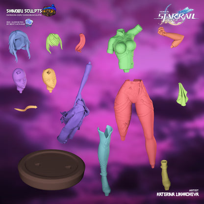 Kafka Honkai Star Rail 1:8 scale statue exploded parts layout showing modular pieces including head sculpts, torso, legs, jacket, arms, and base.