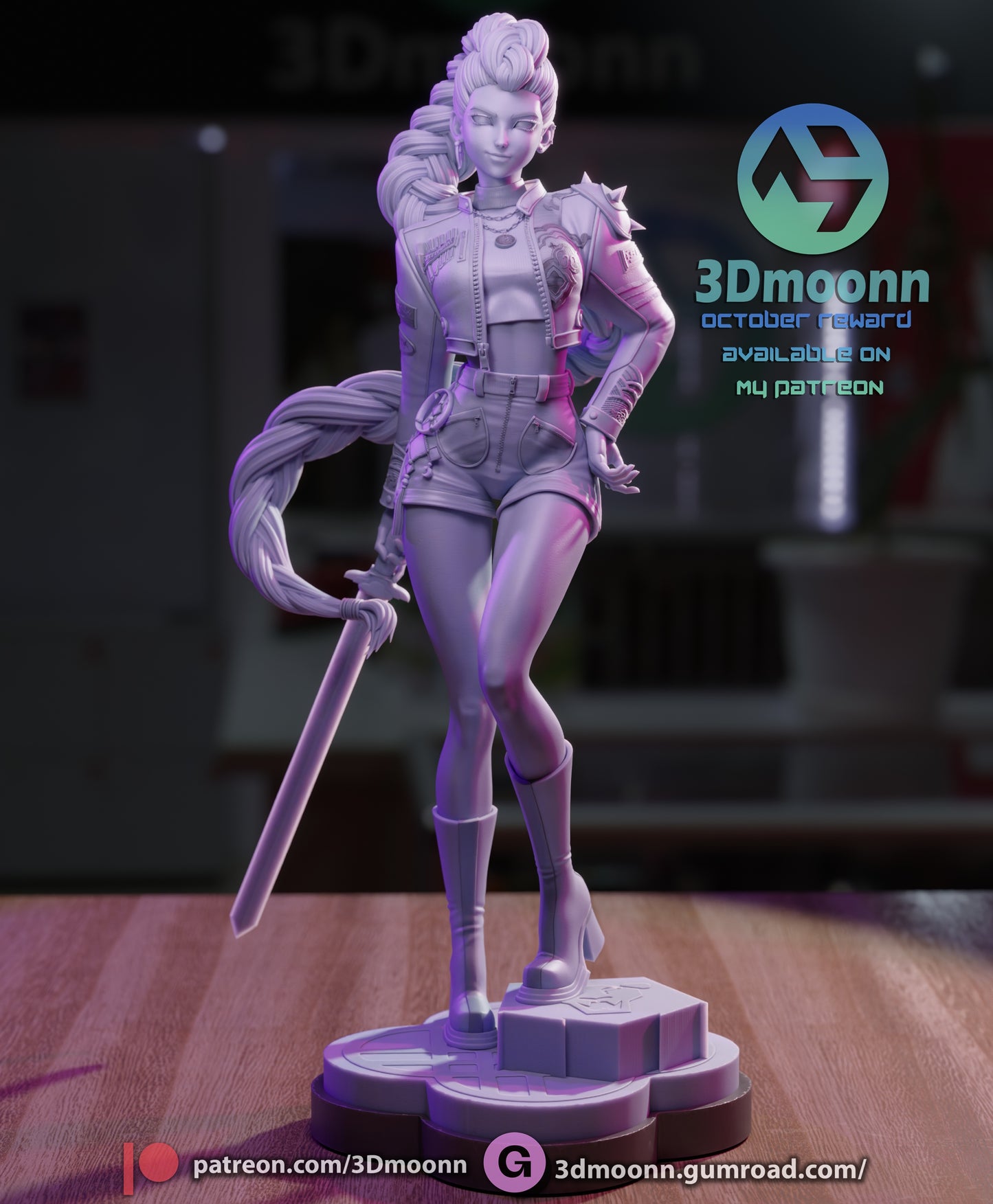 Rumi grayscale render – unpainted 1:6 scale version highlighting sculpted details, outfit, and weapon.