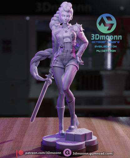Rumi grayscale render – unpainted 1:6 scale version highlighting sculpted details, outfit, and weapon.