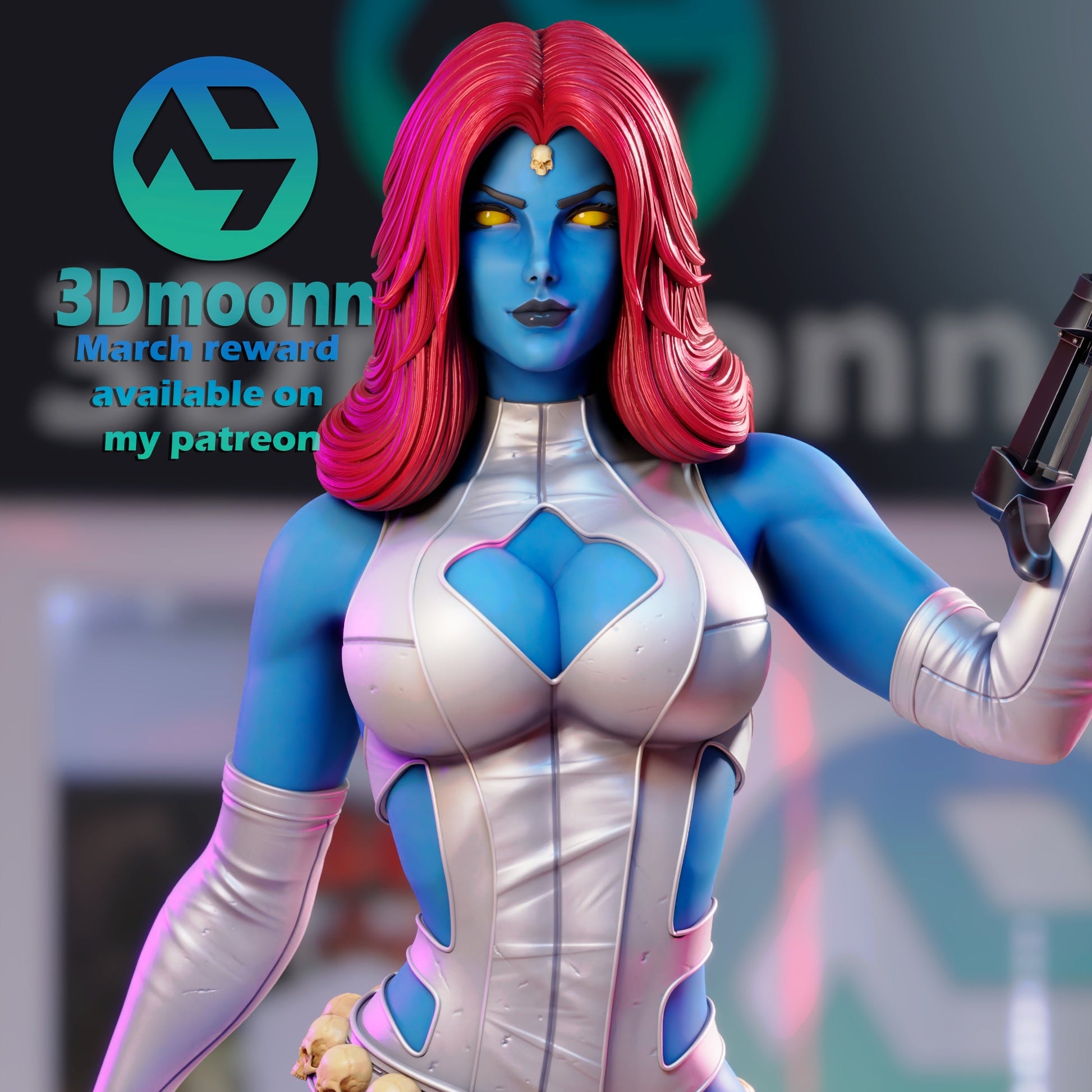 Close-up of Mystique’s upper body showing her red hair, glowing eyes, and detailed costume with heart-shaped cutout and skull belt.