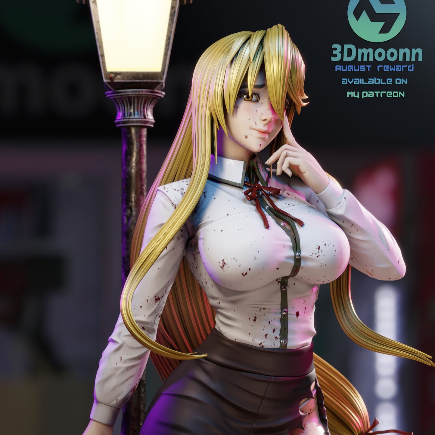 Close-up of Shizuka Marikawa figure with expressive face, blood-stained blouse, and hair partially covering her eye.