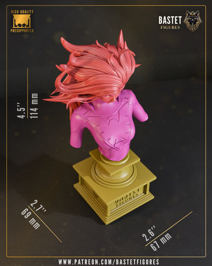 Bust of Dark Phoenix X-Men collectible with windswept hair, textured costume, and detailed display pedestal.