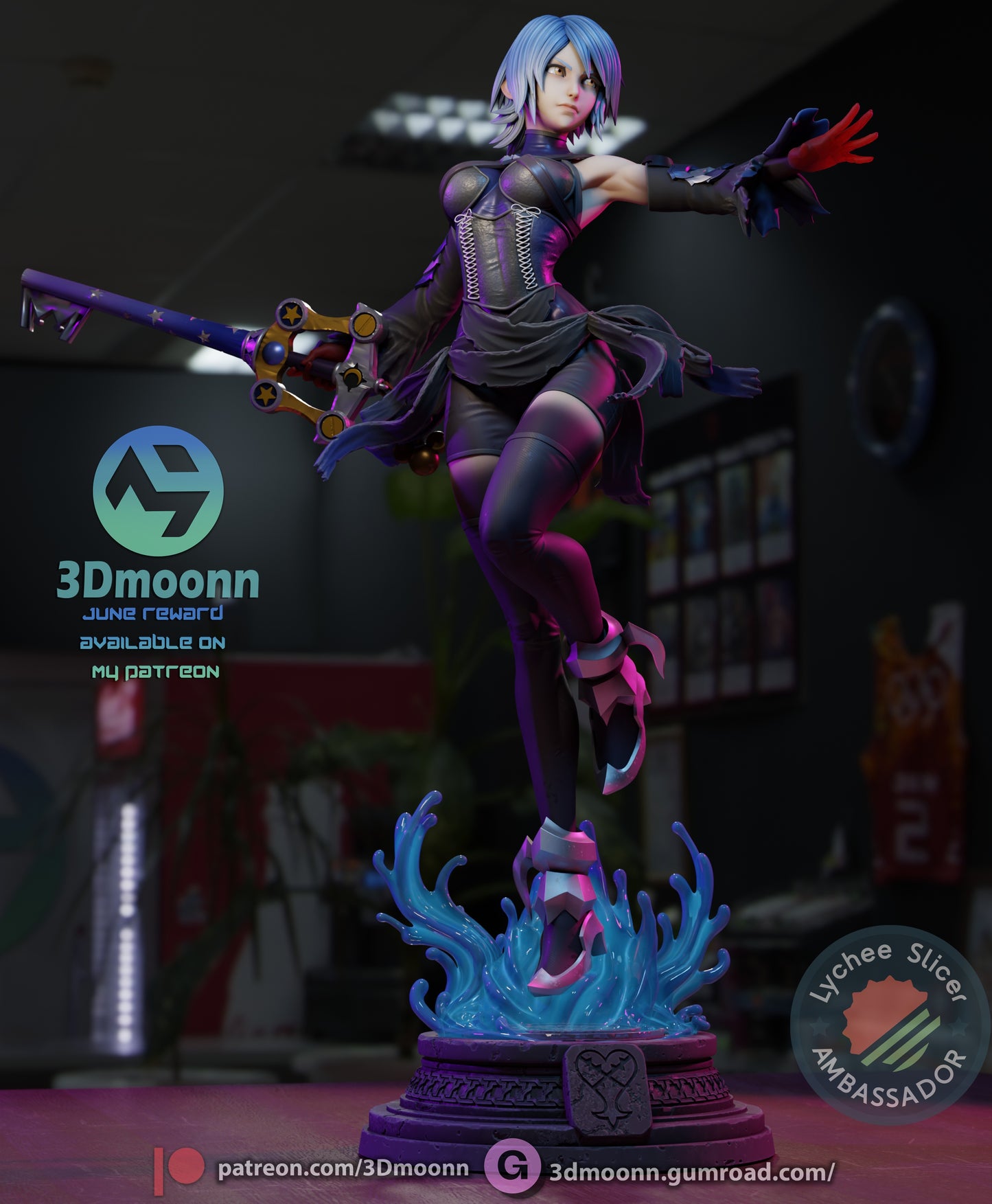 Anti-Aqua figure on wave base with arm extended and Keyblade lowered behind her, posed in a dynamic battle stance.