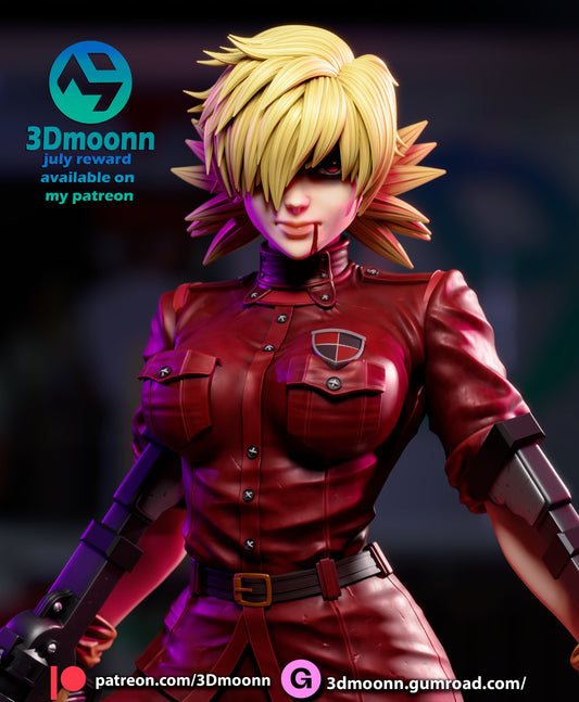 Seras Victoria 1:6 scale collectible figure close-up uniform version from Hellsing Ultimate, anime female character wearing fitted tactical uniform with emblem, short spiked hair, confident facial expression, stylized sculpt detail