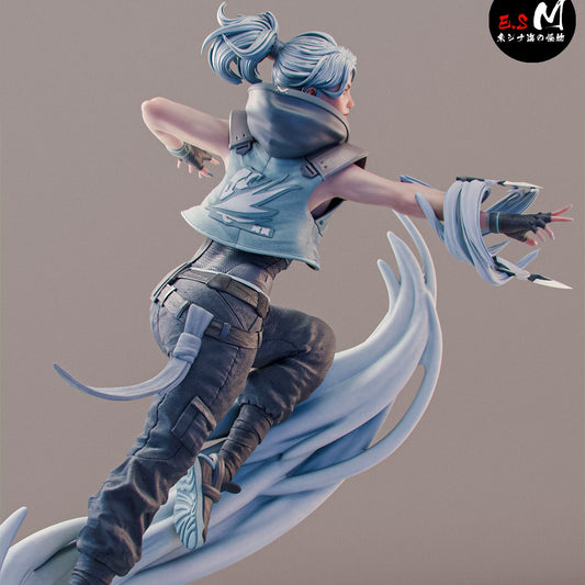 Jett Valorant 1:6 scale finished display figure with detailed outfit, wind effects, throwing blades, and dynamic vertical base