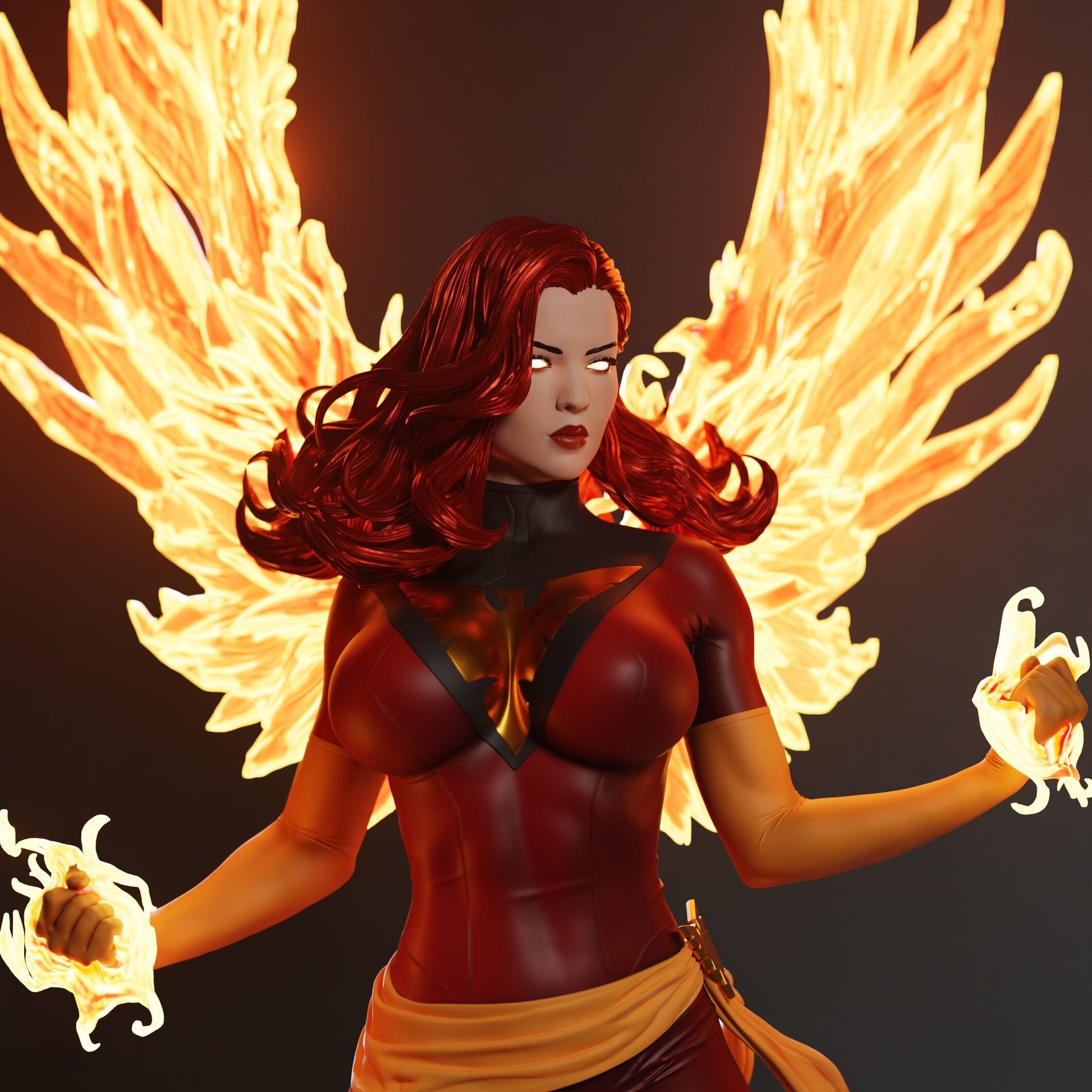 Dark Phoenix Marvel Comics collectible figure close-up, female mutant with glowing eyes and flame wings