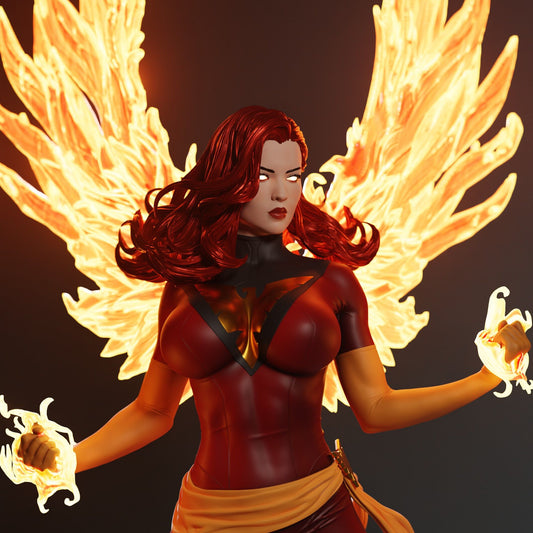 Dark Phoenix Marvel Comics collectible figure close-up, female mutant with glowing eyes and flame wings