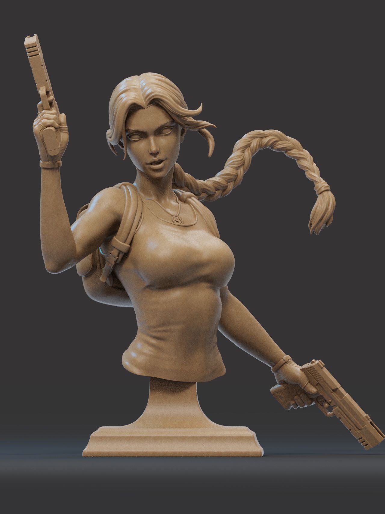 Bust of Lara Croft, featuring her iconic braid, pistol in hand, and tactical outfit.