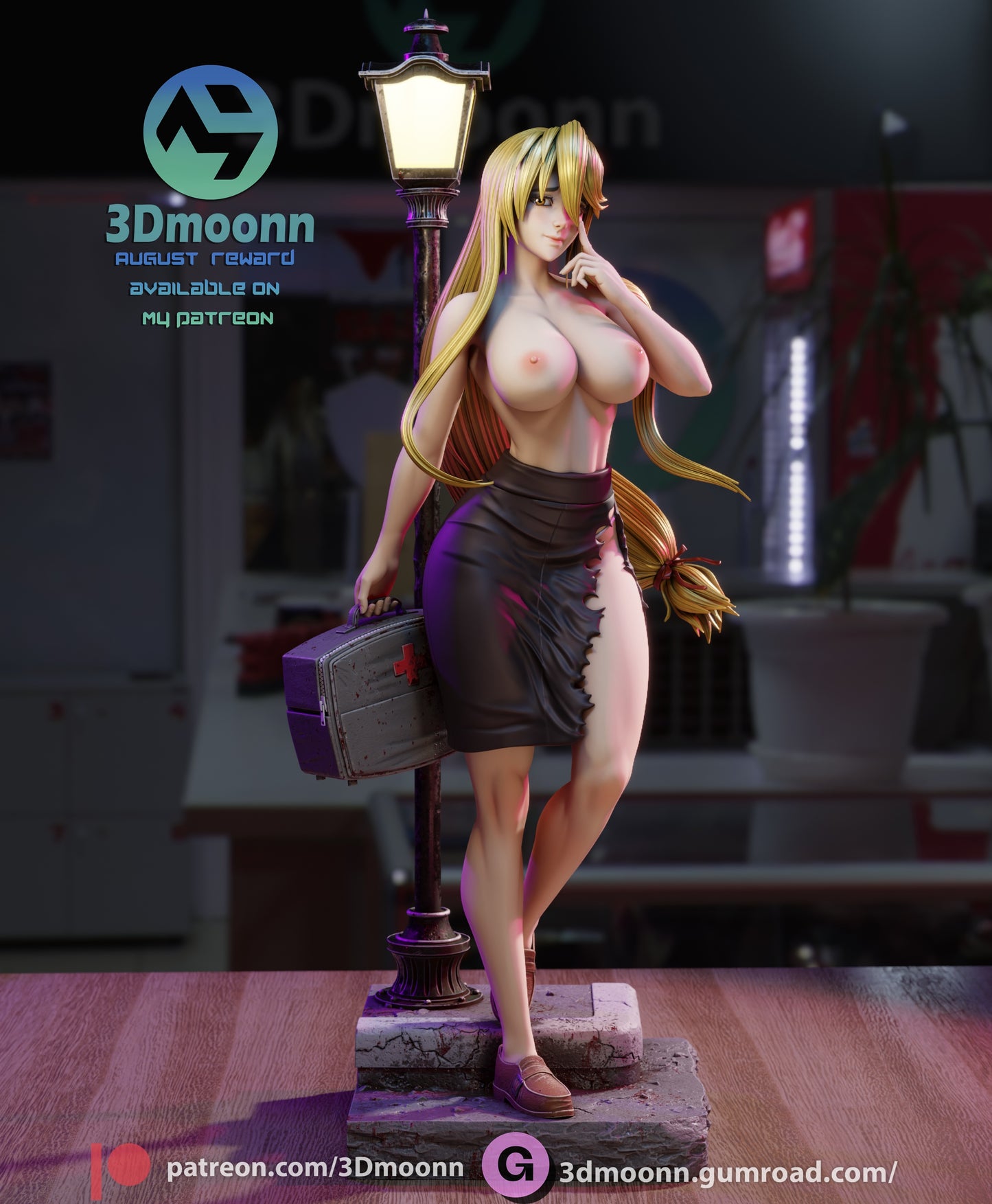 NSFW version of Shizuka Marikawa figure, topless with skirt torn, posed next to a streetlamp holding a medical kit.